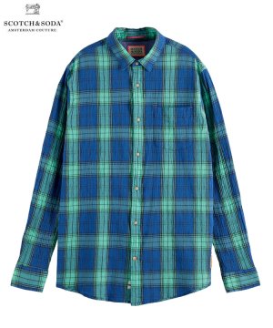 Regular fit checked seersucker shirt / ブルー×グリーン [282-71415]