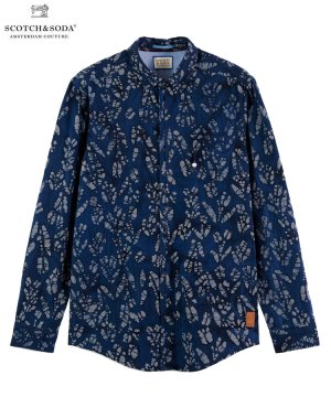 Regular fit printed organic cotton shirt / ダークインディゴ [282-71420]