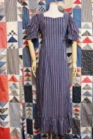 70'S FLOWER PRINT STRIPE PUFF SLEEVE COTTON MAXI DRESS (NVY/RED/YLW)