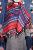 VINTAGE 60'S-70'S TARTAN CHECK WOOL TEXTURE BLANKET SHAWL (RED/NVY/YLW) 