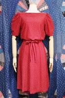 80'S BOAT NECK PUFF SHOULDER DOT DRESS WITH BELT (W.RED)