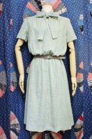 70'S PUFF SHOULDER BOW TIE NEP DRESS (GRN/WHT)