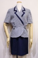 80'S GINGHAM CHECK SET UP STYLE PEPLUM DRESS MADE IN USA (NVY/WHT)