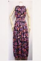 70'S BOTANICAL PRINT SLEEVELESS MAXI SHEER DRESS WITH BELT (BLK/ORG/WHT/PPL/PNK)
