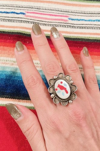 VINTAGE 60'S-70'S ZUNI CARDINAL INLAY SILVER RING - PATINAS 