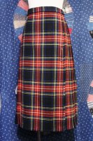 OLD TARTAN CHECK WOOL KILT SKIRT WITH PIN (RED/GRN/ MADE IN ENGLAND)