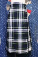 OLD TARTAN CHECK WOOL KILT SKIRT WITH PIN (GRN/NVY/ MADE IN ENGLAND)