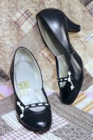 50s BOW WHITE STITCH ROUND TOE PUMPS (NVY)