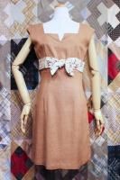 50s SEAGULL PRINT BELTED SQUARE NECK SLEEVELESS LINEN DRESS (B.BEIGE)