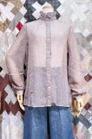 80s FRILL STAND COLLAR FLOWER SHEER BLOUSE (GRY/PNK)