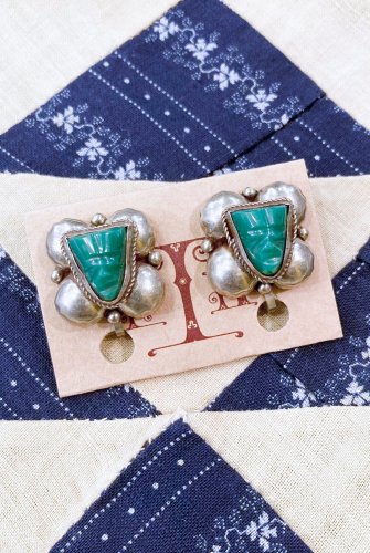 40s MEXICAN SILVER AZTEC TRIBAL MASK GREEN ONYX EARRINGS - PATINAS ...