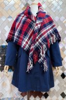 DEAD STOCK 60s-70s TARTAN CHECK BLANKET SHAWL WITH CASE (NVY/WHT/RED) 