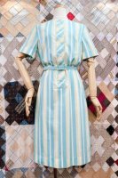 DEAD STOCK 60'S Betty Barclay MULTI STRIPE ROLL SLEEVE DRESS WITH BELT (WHT/BLE)