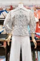 50s LEAF PRINTED 3/4 PUFF SLEEVE BLOUSE (WHT/BLK)