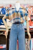 DEAD STOCK 80s Pan-her INDIA MADRAS GAUZE SHOULDER SHIRRING SHIRTS