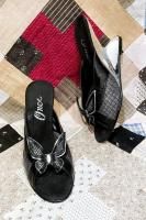 80s ONEX BUTTERFLY MESH WEDGE LEATHER MULE SANDALS (BLK/SLV)