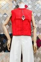 DEAD STOCK 60s FRONT PLEAT EMBROIDERED SLEEVELESS COTTON TOP (RED)