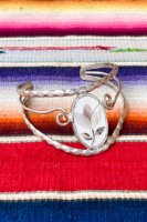 VINTAGE MEXICAN ALPACA SILVER FLOWER INLAY BANGLE