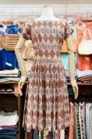 50s PRINTED SQUARE NECK PLEAT TAFFETA DRESS (BRN/WHT)
