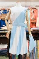 DEAD STOCK 60s BI-COLOR SLEEVELESS PLEATED DRESS WITH BELT (BLE/WHT)