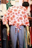 60s FLOWER PRINTED ROUND COLLAR 3/4 SLEEVE BOW TOP (WHT/RED/PNK/GRN)