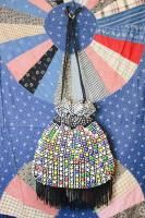 VINTAGE 60s PETITE BEAD FRINGE DRAWSTRING BAG (BKK/WHT/MULTI) 