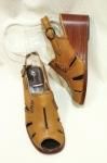 70'S LEATHER PEEP TOE SLING BACK WOOD WEDGE SANDAL (OCR)