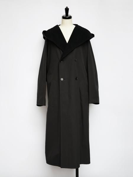 AURALEE FINX HARD TWIST GABARDINE HOODED DOUBLE COAT / INK BLACK CHAMBRAY