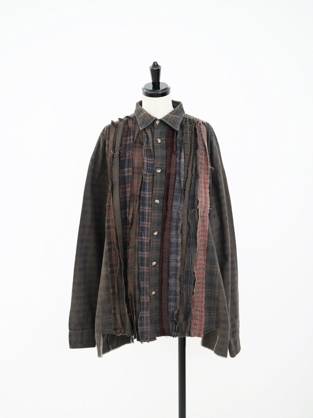 REBUILD BY NEEDLES FLANNEL SHIRT->RIBBON WIDE SHIRT/OVER DYE/BROWN-3