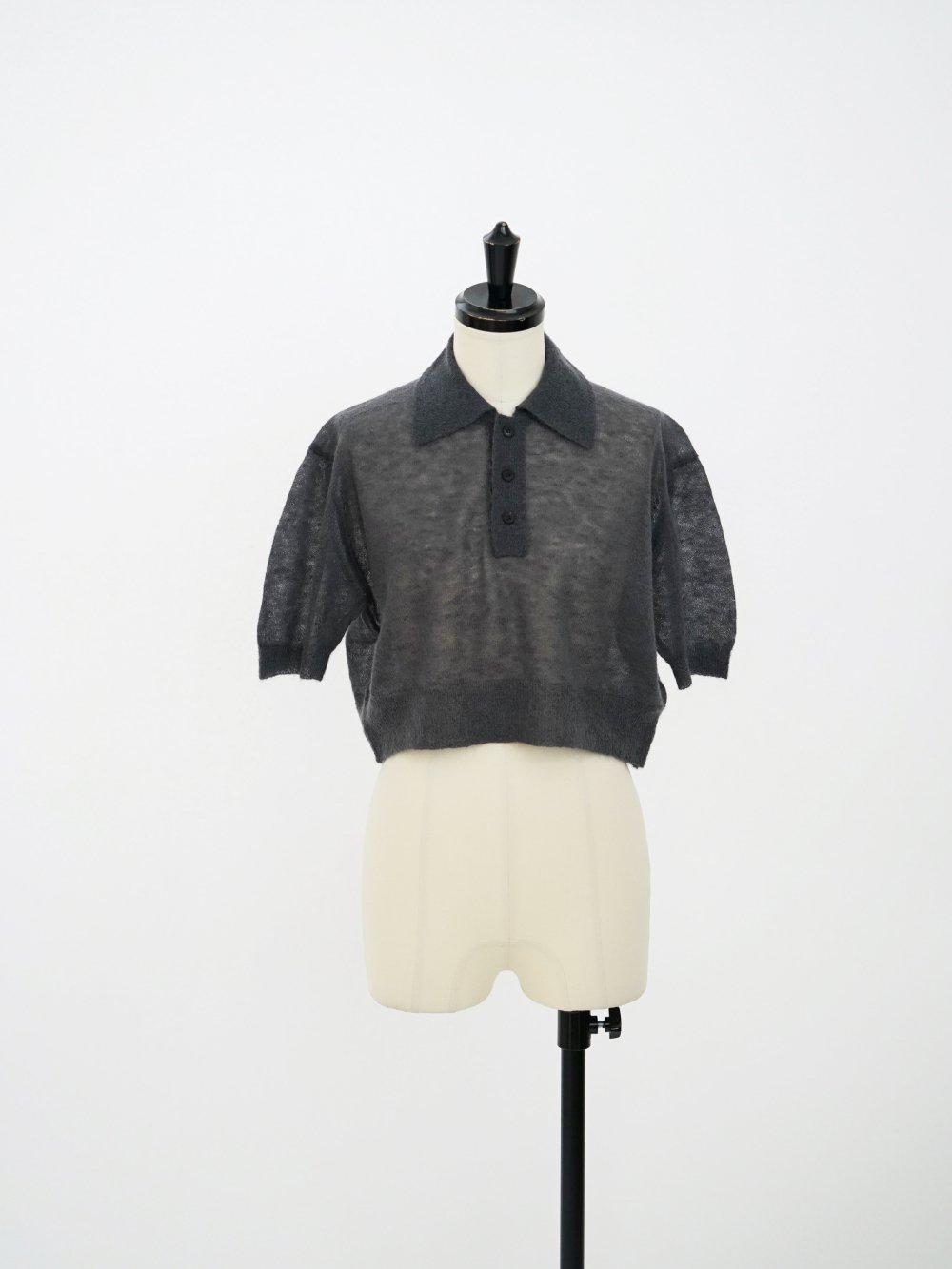 AURALEE KID MOHAIR SHEER KNIT SHORT POLO / DARK GRAY - n e p