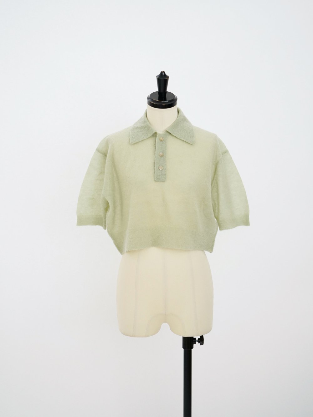 AURALEE KID MOHAIR SHEER KNIT SHORT POLO / LIGHT GREEN - n e p