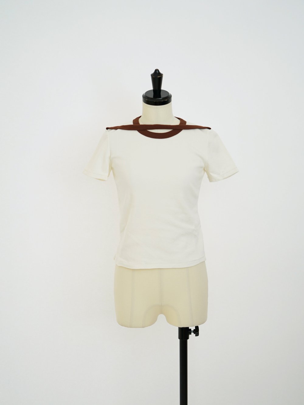 FUMIKA_UCHIDA TRIMMED DOUBLE-NECK TEE / OFFWHITE,BROWN