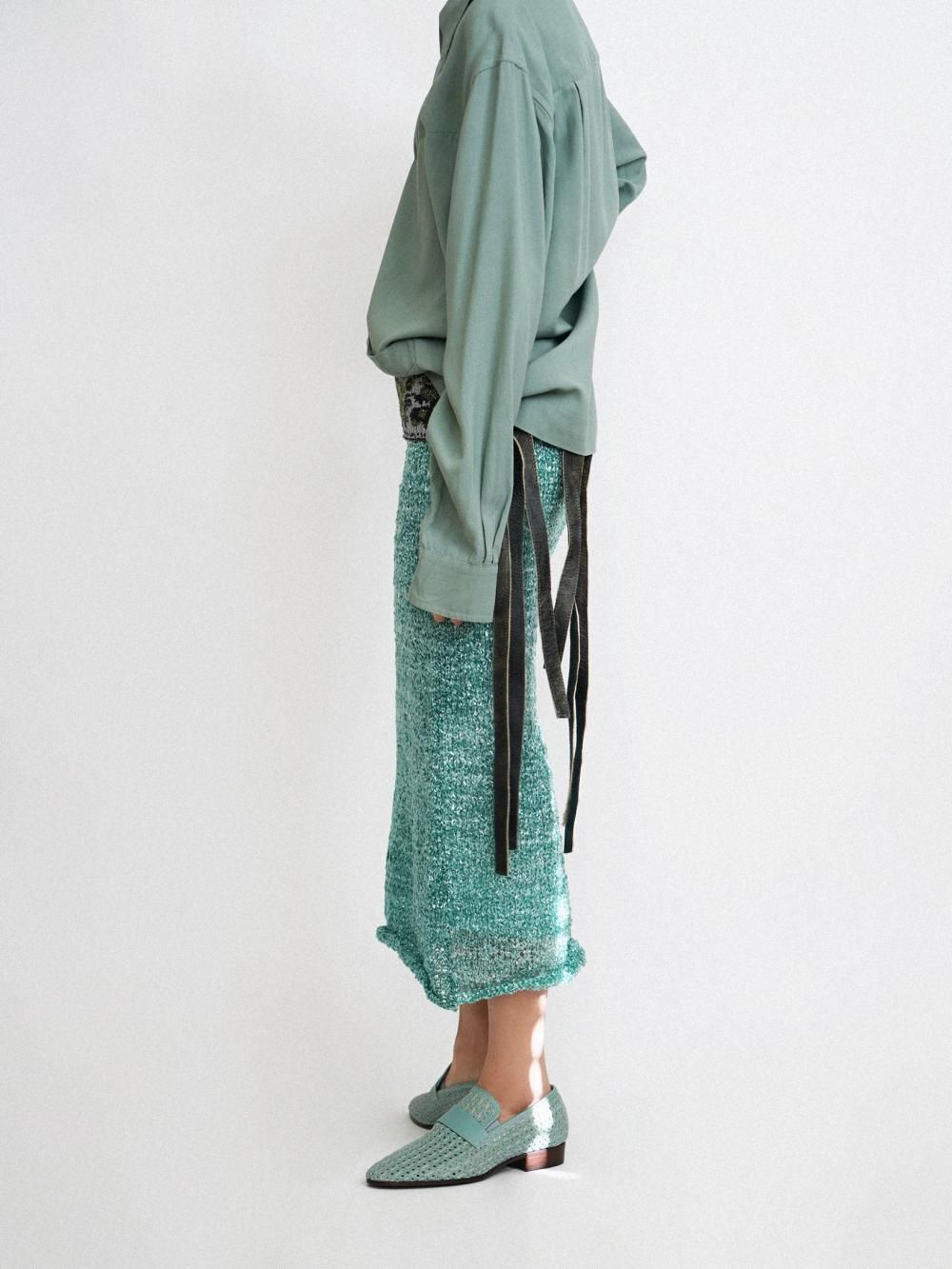 FUMIKA_UCHIDA VINYL STRING KNITTED MIDI SKIRT / PEPPERMINT