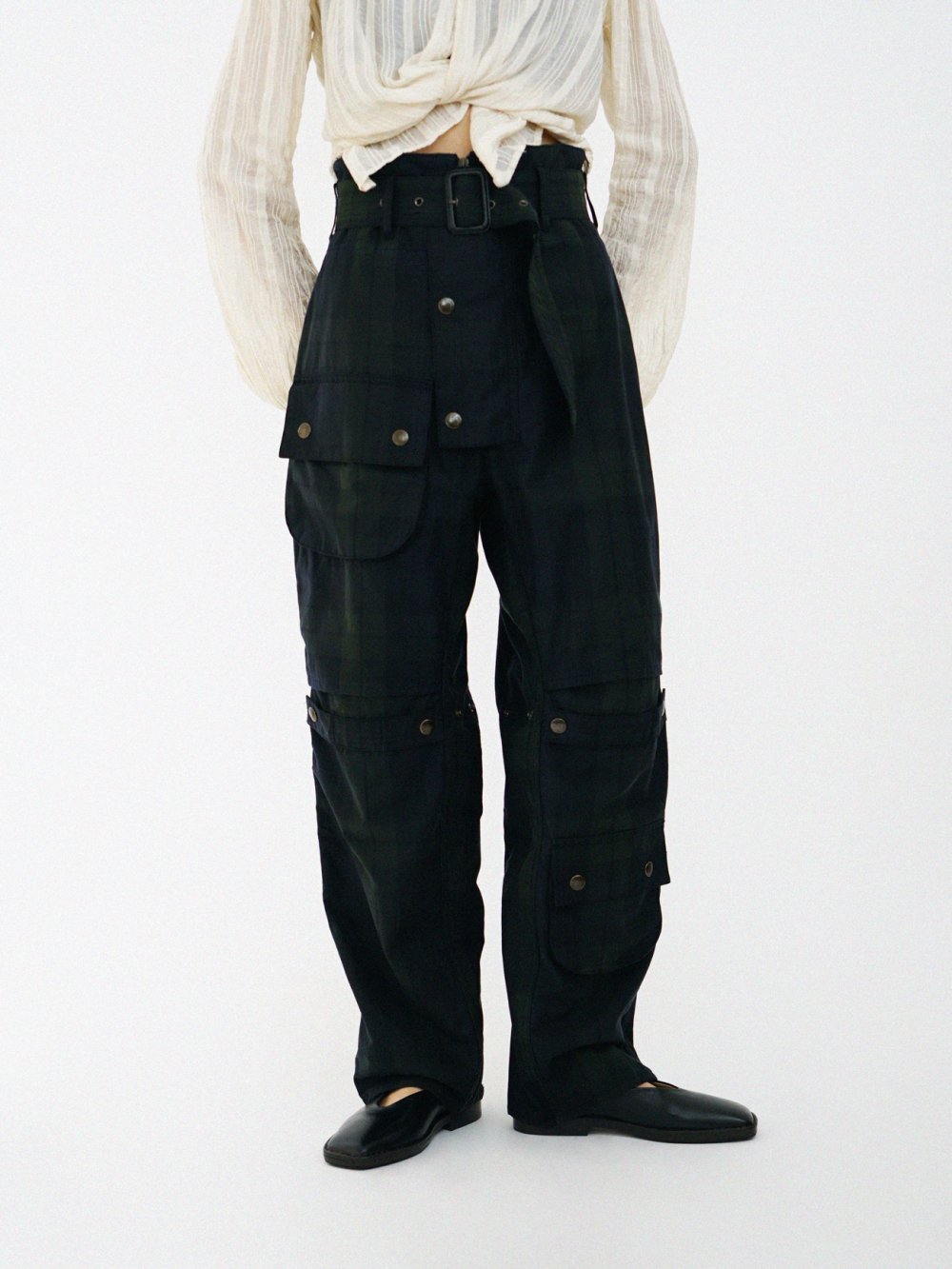 FUMIKA_UCHIDA OILED TARTAN PLAID BELT PANTS / DARK NAVY 