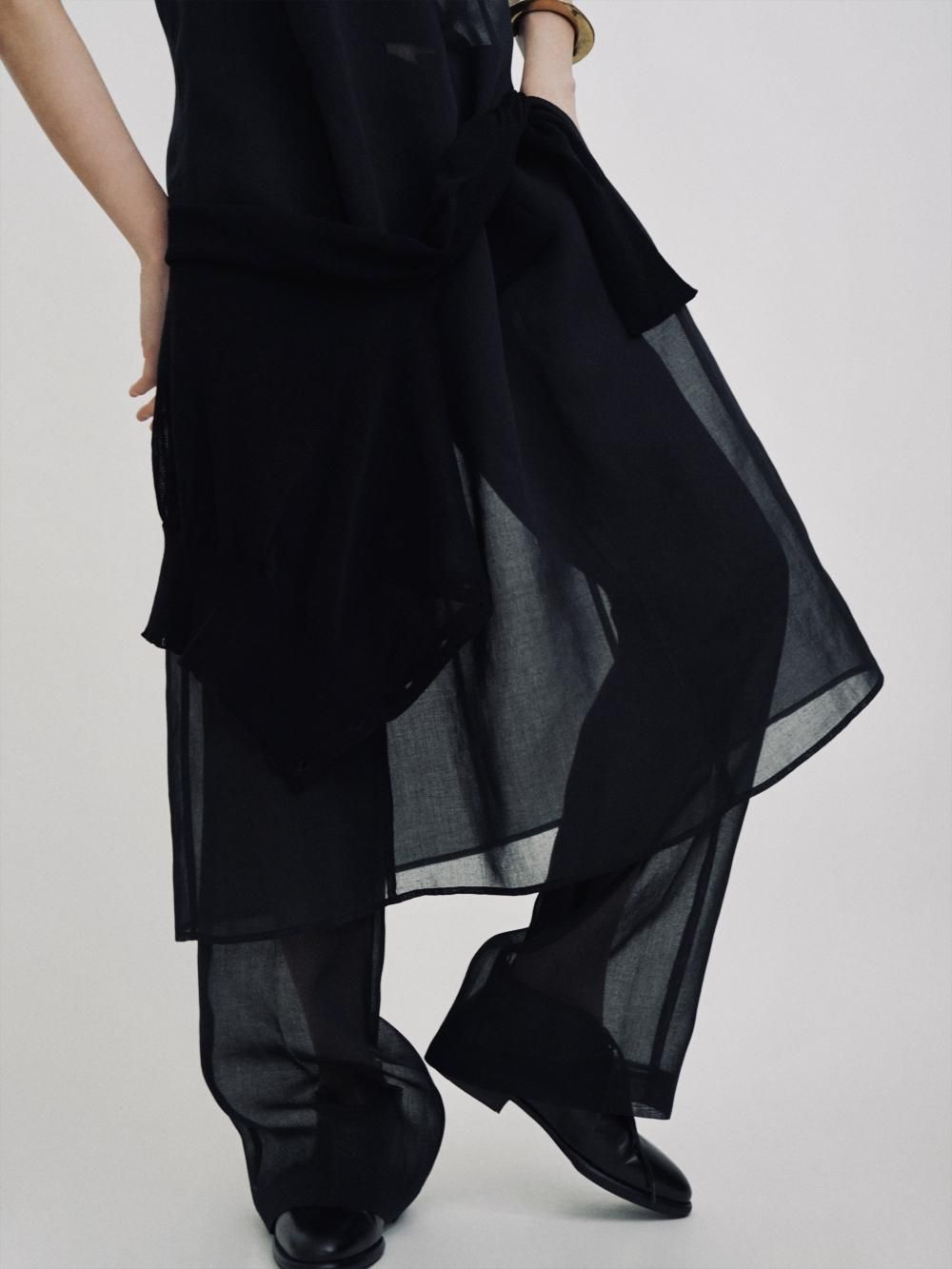 AMOMENTO SHEER STRAIGHT FIT PANTS / BLACK