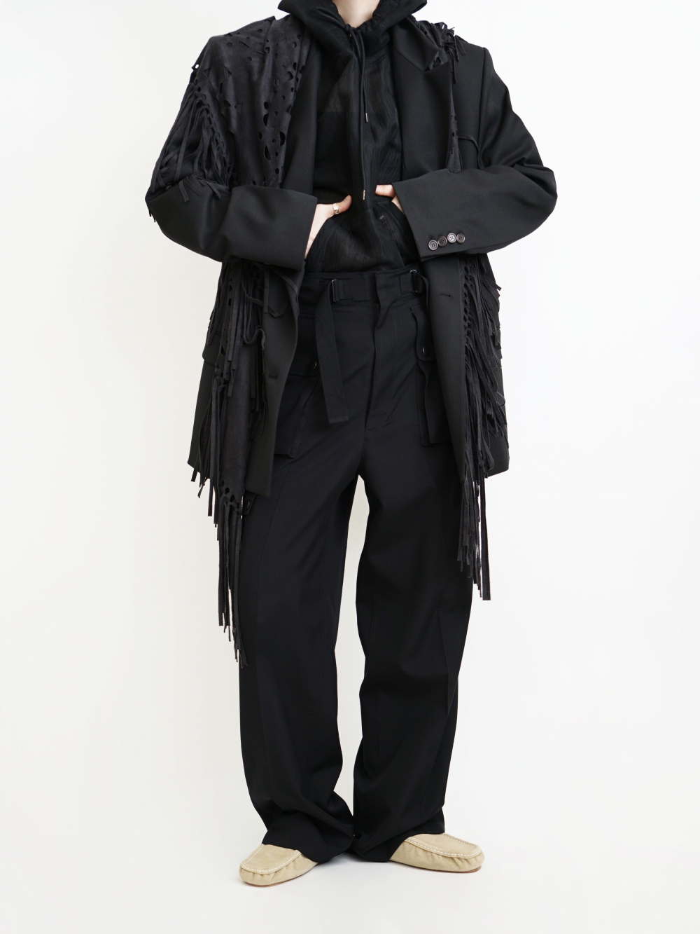 AURALEE WOOL HERRINGBONE CARGO PANTS / BLACK