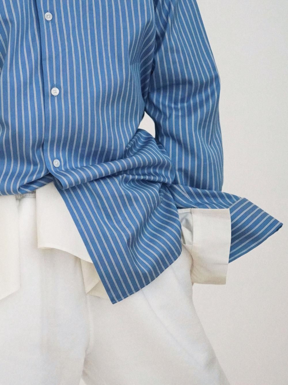 AURALEE COTTON SILK STRIPE DOUBLE-CUFF SHIRT / BLUE STRIPE