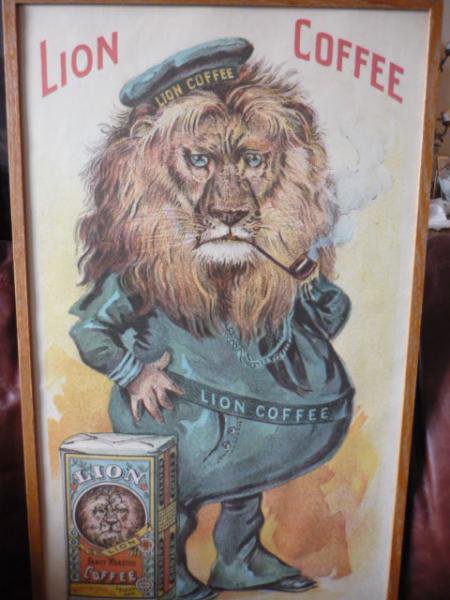 １８８４年、老舗ライオンコーヒーメーカーの宣伝用のビンテージポスター - ヨーロッパアンティーク陶器・シルバー・グラス・雑貨の専門店  ♪アンティーク・カナダ♪