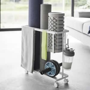 オシャレ 便利 トレー ラック 新品 キャスター付 キャスター付きフィットネスグッズ収納ラック タワー【運動器具