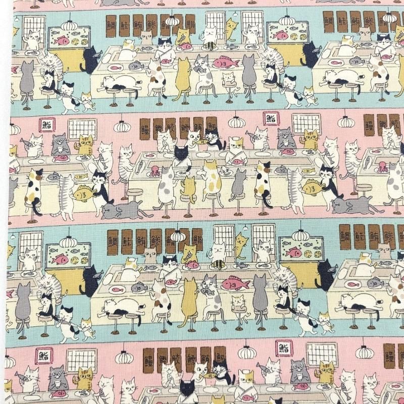 funny cats 回転ずしネコ柄 | コットンシーチングプリント #ピンク