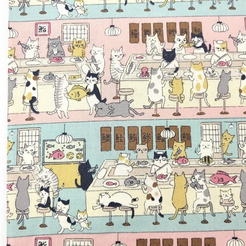 funny cats 回転ずしネコ柄 | コットンシーチングプリント #ピンク