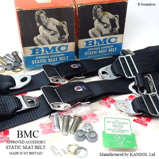 貴重！ BMC GENUINE KANGOL 3Point Static Seat Belts/BMC純正 カンゴール 3点式シートベルト セット  デッドストック BOX - bac style