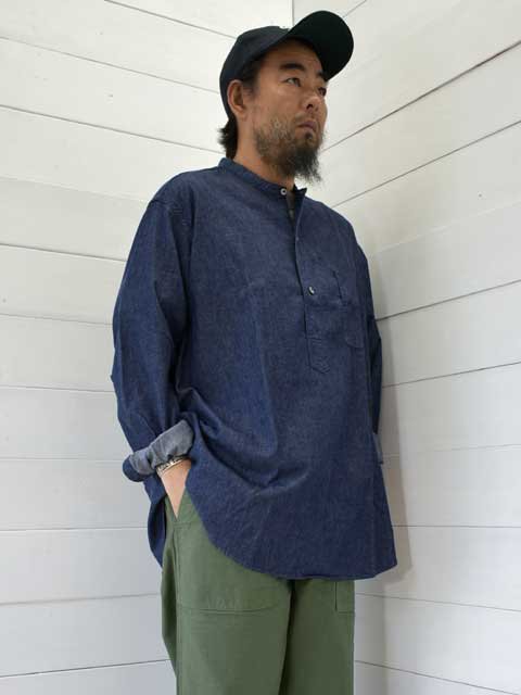 POST OVERALLS (ݥȥС륺)<br> Band Collar Shirt -light denim indigo-