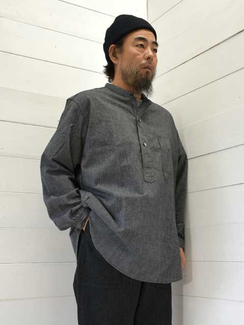 POST OVERALLS (ݥȥС륺)<br> Band Collar Shirt -grey covert salt & pepper-