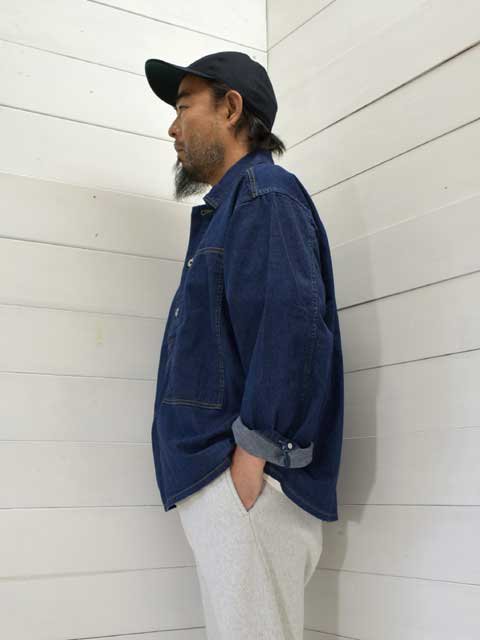 POST OVERALLS (ݥȥС륺)<br> ARMY Shirt -blue denim w/OD-yellow stitch indigo-