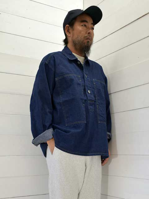 POST OVERALLS (ݥȥС륺)<br> ARMY Shirt -blue denim w/OD-yellow stitch indigo-