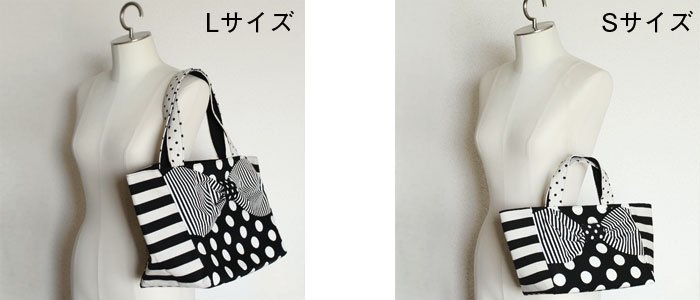 東京のバッグブランド「Saori Mochizuki（サオリモチヅキ／望月沙織）」 長財布が入る大きさの水玉リボントートバッグ「LoveComedy ラブコメディ」モノクロSサイズ