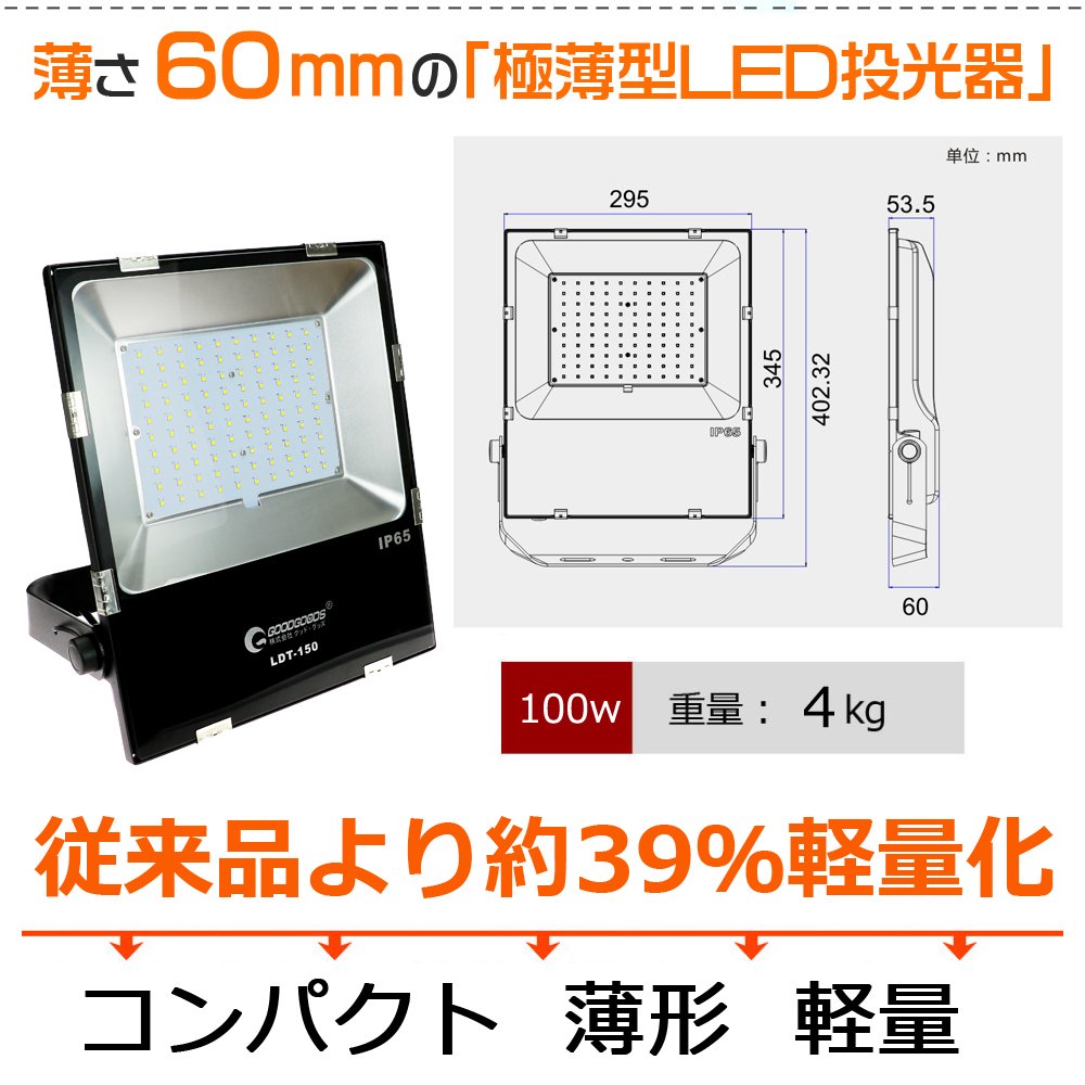 グッドグッズ(GOODGOODS) LED 投光器 100W 15000LM 極薄型 昼光色