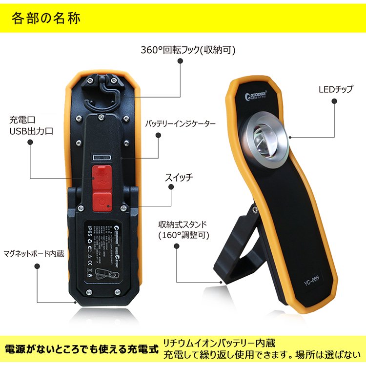 グッドグッズ(GOODGOODS) 2個セット LED 作業灯 20W 充電式 投光器 LEDスティックライト バッテリーライト 磁石付 ガレージ照明  メンテナンス作業 一年保証 YC-06H