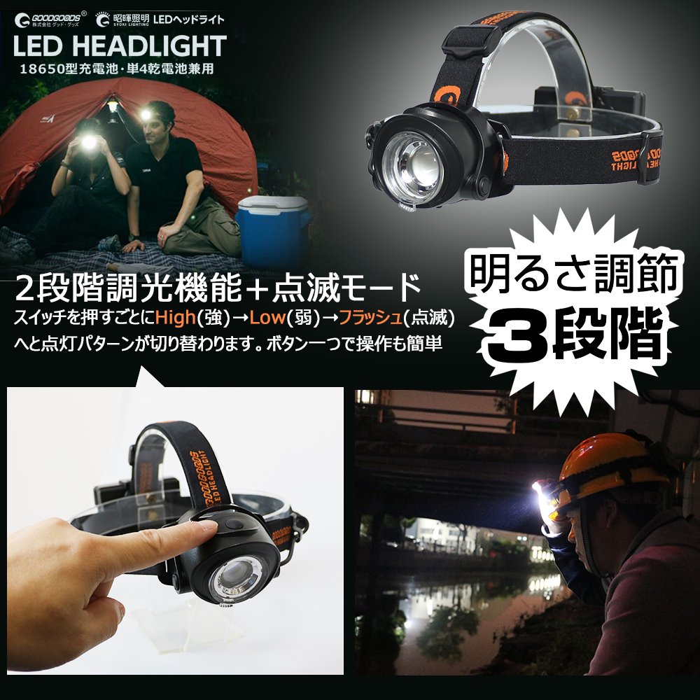 グッドグッズ(GOODGOODS) LED ヘッドライト 3モード ズーム機能 5W 作業灯 乾電池＆充電池兼用 IP65防水 ヘルメットに  長距離照射可 工事現場用 作業 HL-50TR